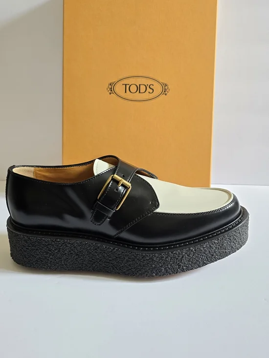 TOD'S Leather Loafer Shoes Size 39.5 Black White - Picture 3 of 10